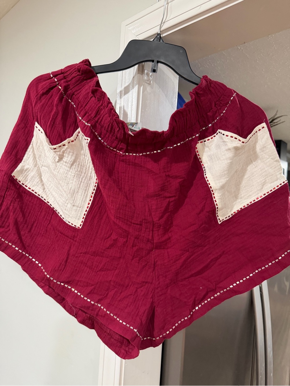 Women's Cranberry Peasant Top with Cream Patch Detail